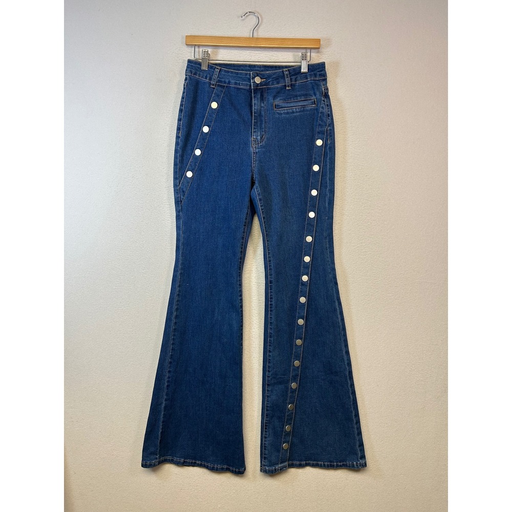 Retro Boho Womens 28 Blue Flare Jeans Button Front High Rise Bell Bottom